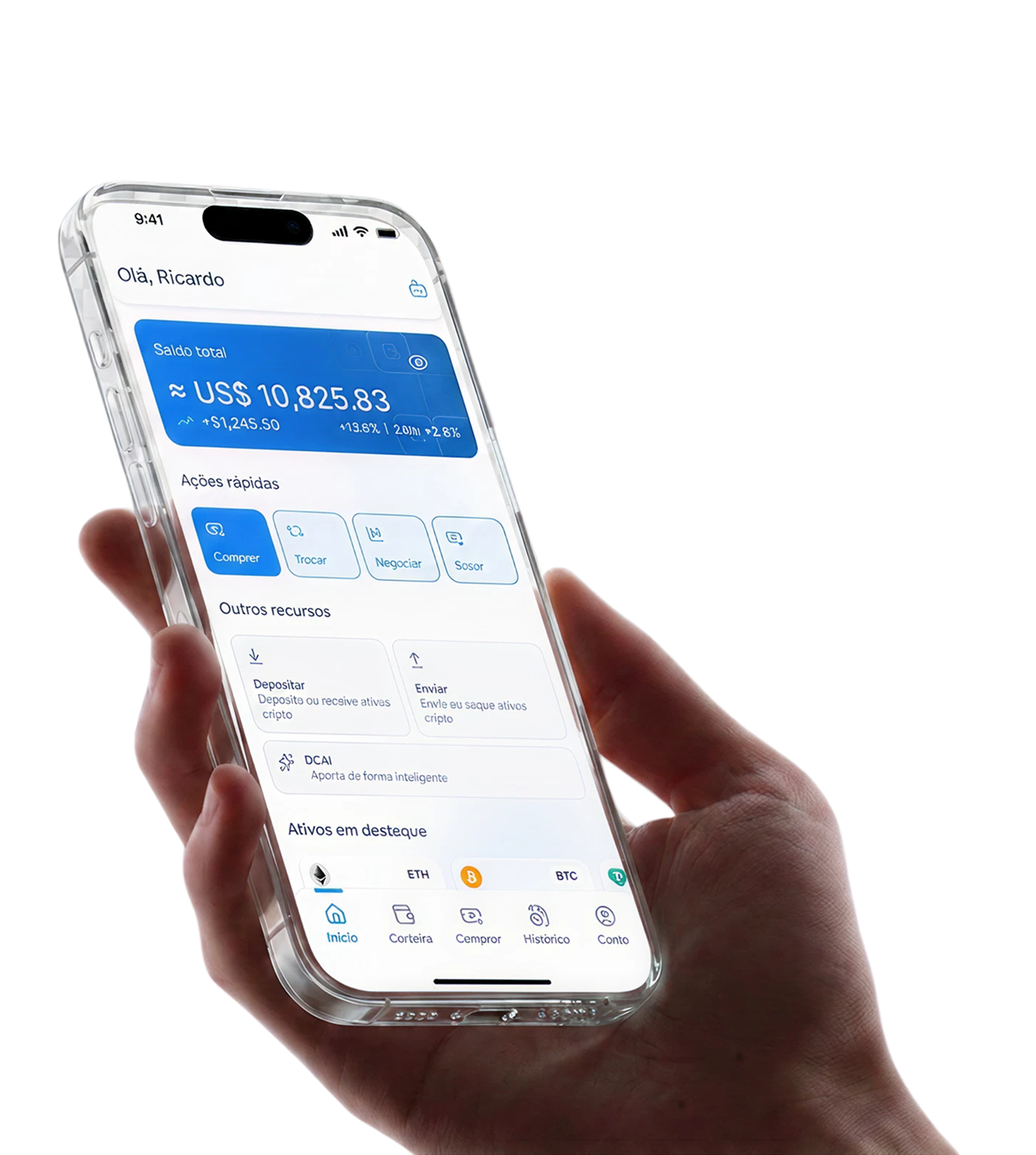 Hand holding a phone with the Wedofi app open