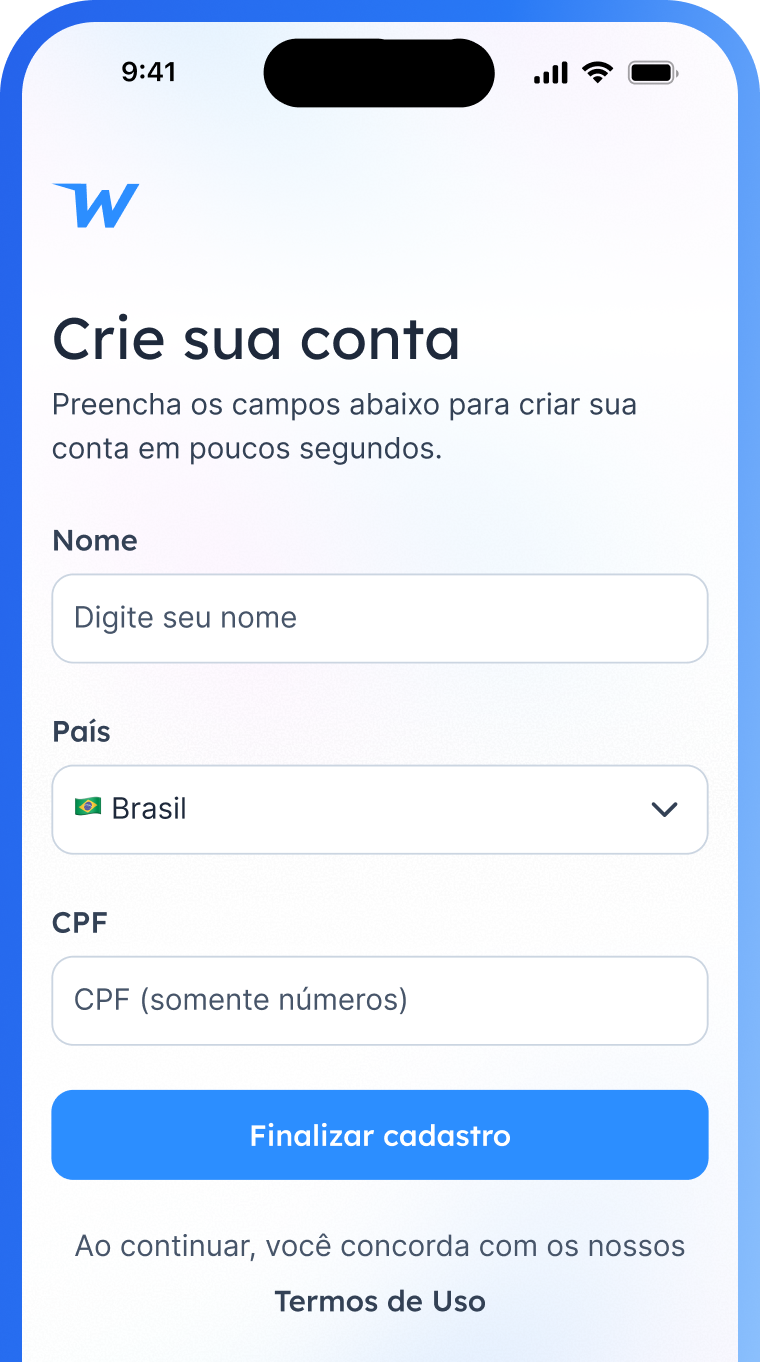 Crie sua conta no aplicativo Wedofi